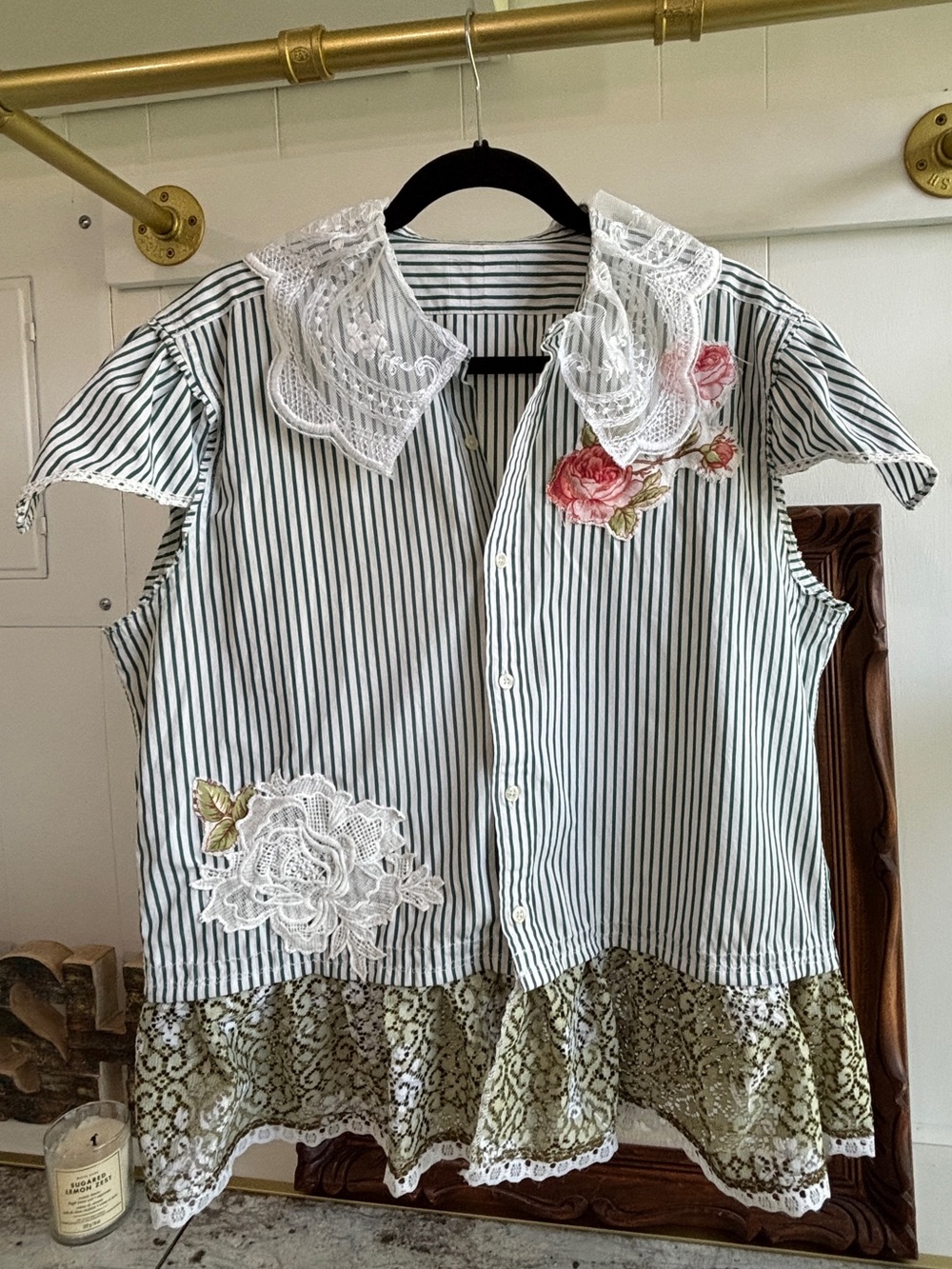 Upcycled Pinstripe Shirt Cotton Blouse Lace Collar Rose Boho Shabby Chic Art